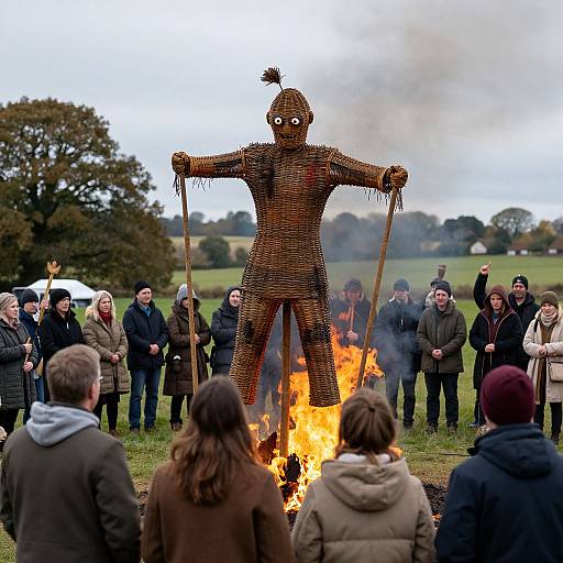 Photograph of a large, straw-man effigy burning in an open field, surrounded by a crowd of people in winter clothing.