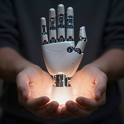 Photograph of a person's hands holding a glowing, robotic, white metal hand with black joints and sensors, illuminated in the dark.
