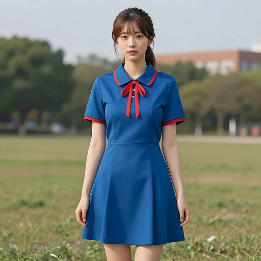 Young Asian Woman in Blue Dress Outdoors