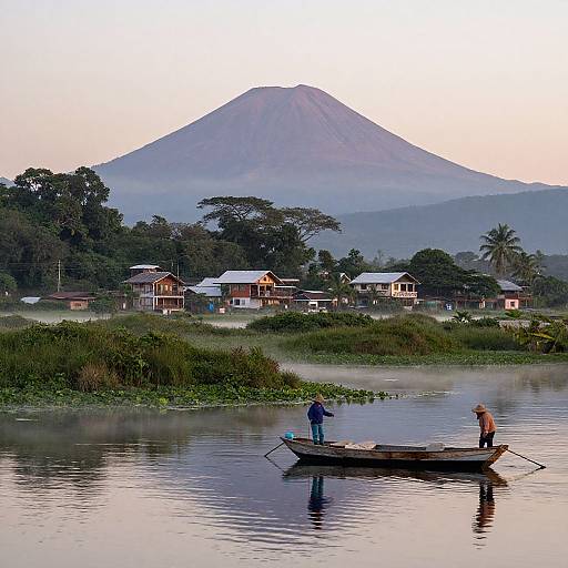 Photograph of two people in a wooden boat on a calm river, with a village of houses and a large, misty mountain in the background at