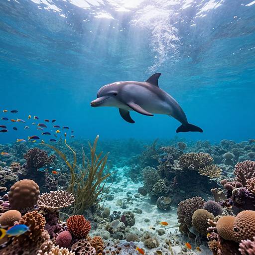 Photograph of a dolphin swimming above a vibrant coral reef with colorful fish, sunlight filtering through clear blue ocean water.