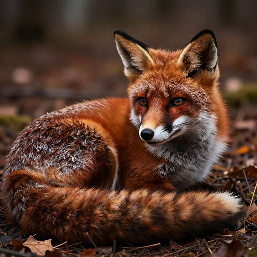 Photograph of a red fox with vibrant orange fur, white underbelly, and black-tipped ears, lying in a forest, surrounded by fallen