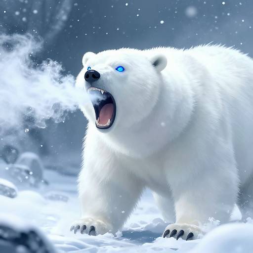 Digital artwork of a roaring white polar bear with glowing blue eyes, standing in a snowy, icy landscape with snowflakes falling.