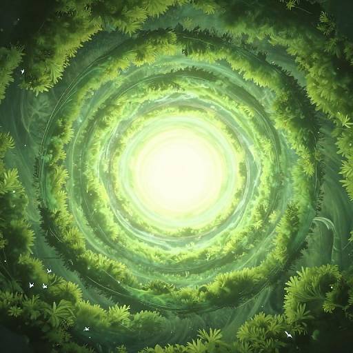 Digital artwork of a radiant, glowing green circular forest with layers of lush, vibrant foliage spiraling inward towards a bright, white center.