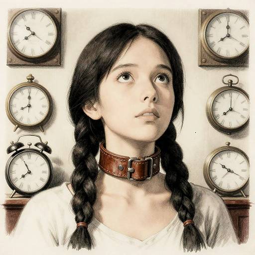 Portrait of Woman Locked in Leather Collar Among Clocks