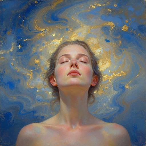 Digital painting of a serene, light-skinned woman with closed eyes, golden halo, and blue-gold swirled background, evoking ethereal
