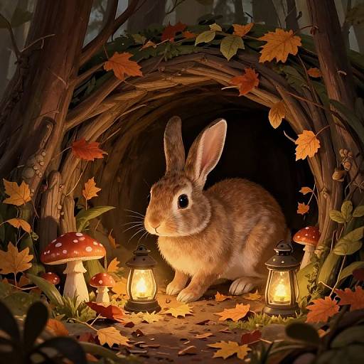 Photorealistic digital art of a brown rabbit with large ears in a cozy, lantern-lit, autumnal forest hut surrounded by mushrooms and falling leaves