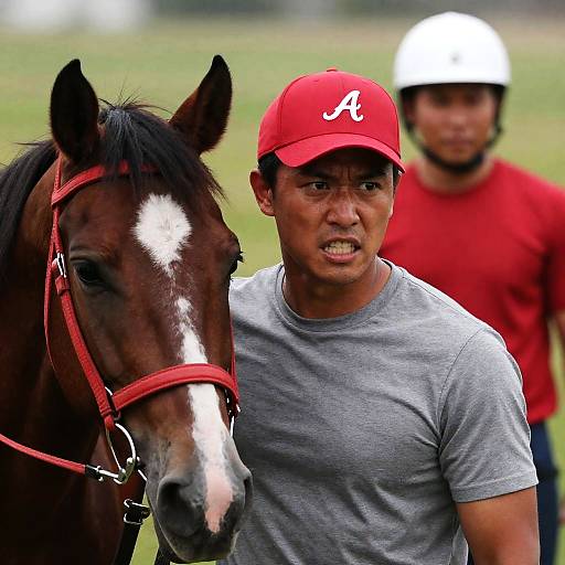 Intense Man with Horse in Grassy Field