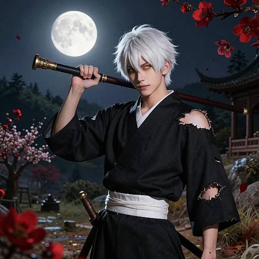 Digital anime-style image of a white-haired, amber-eyed samurai with a torn black kimono, holding a sword under a full moon, surrounded by