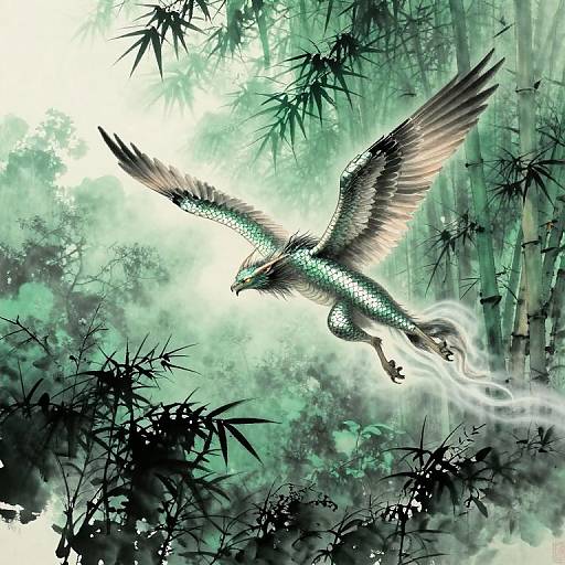 Digital artwork of a dragon with green and black scales, flying through a misty bamboo forest, wings spread wide, tail trailing white energy.