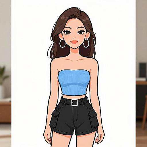 Digital anime-style drawing of a young woman with long brown hair, wearing a blue strapless top, black high-waisted shorts, and large hoop