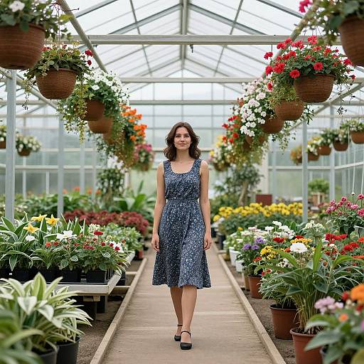 Photograph of a smiling woman in a blue floral dress walking down a greenhouse aisle filled with colorful potted plants and hanging baskets.