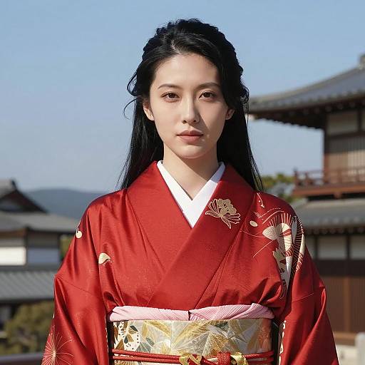 Asian Woman in Red Silk Kimono Outdoors