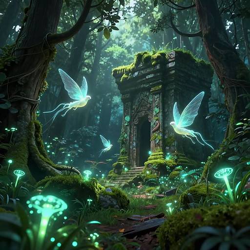 Enchanted forest with glowing blue fireflies, ethereal butterflies, and a moss-covered ancient ruin illuminated by bioluminescent mushrooms. Digital fantasy