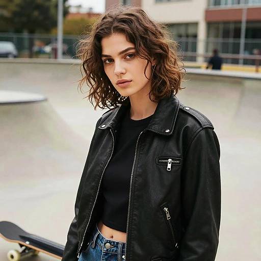 Photograph of a young woman with curly brown hair, wearing a black leather jacket and black crop top, standing in front of a skatepark. Background