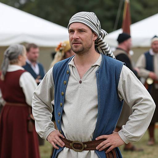 Photograph of a bearded man in 18th-century attire, blue vest over white shirt, striped headscarf, hands on hips, outdoor