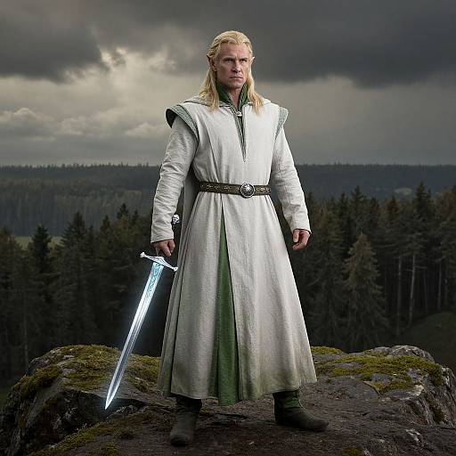 Photograph of a blonde, fair-skinned Viking warrior in a white long coat, black belt, and green tunic, holding a glowing sword,