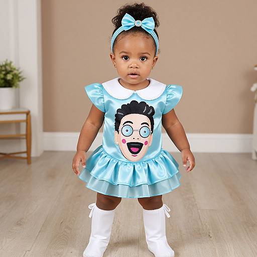 Photograph of a dark-skinned toddler wearing a blue satin dress with a cartoon face, white knee-high socks, and a blue bow headband,
