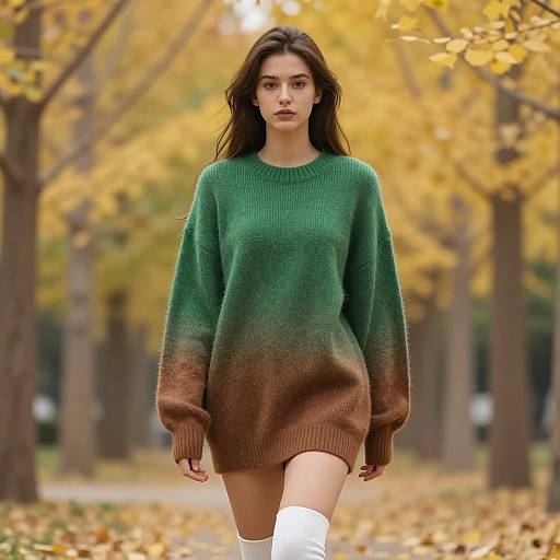 Young woman in gradient oversized sweater in autumn park