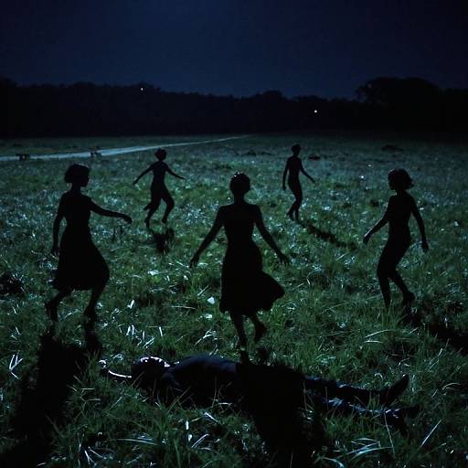 Silhouetted children running in a grassy field at night, illuminated by a blue light, creating dramatic shadows and a mysterious atmosphere. Photograph.