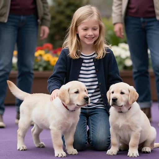 Girl with Yellow Labrador Puppies
