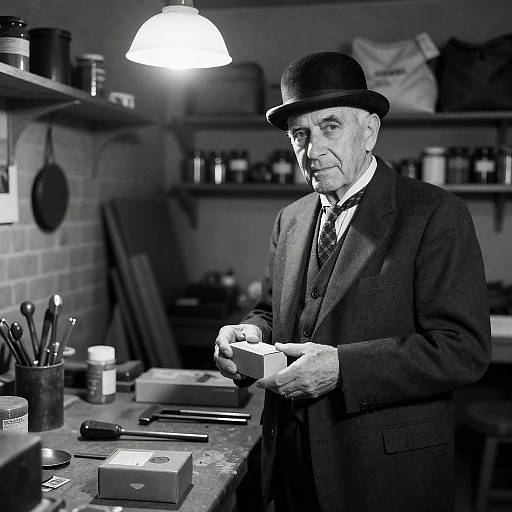 Elderly Man in Workshop with Bowler Hat