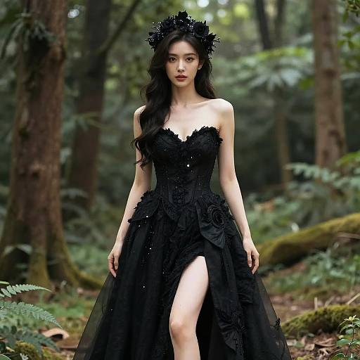 Photograph of an Asian woman with long black hair, wearing a black, strapless, lace gown with a high slit, and a black floral head