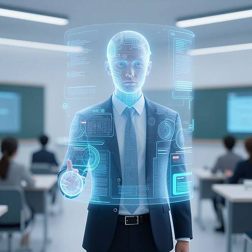 Digital CGI image of a male business professional in a suit, with glowing blue futuristic holographic interface superimposed over his body, standing in a modern