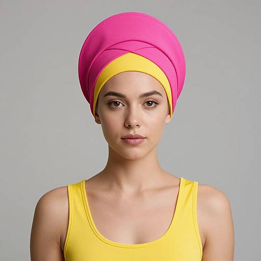 Photograph of a young woman with light skin and brown eyes, wearing a bright pink and yellow headwrap, and a yellow tank top, against a