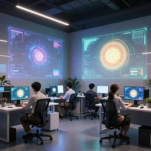 Photograph of four tech professionals in a modern office, seated at desks with monitors displaying colorful, circular digital interfaces projected on the wall.