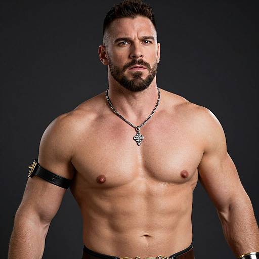 Photograph of a muscular, bearded man with short black hair, wearing a black armband and necklace, standing against a dark background, shirt