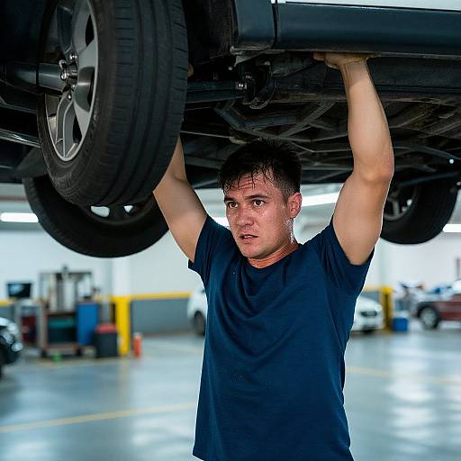 Photograph of a muscular man with short dark hair, wearing a black shirt, lifting a car tire under a brightly lit garage. Background includes blurred tools