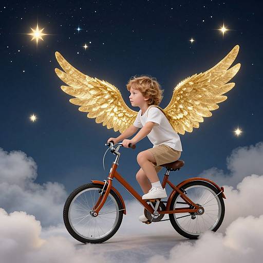Photograph of a curly-haired child with golden angel wings, wearing a white shirt and beige shorts, riding an orange bicycle above clouds, against a night