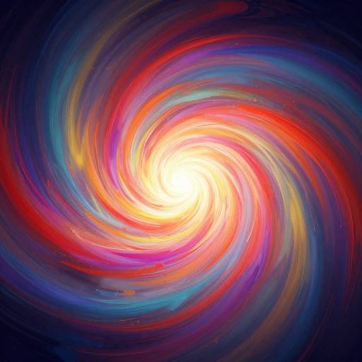 Vibrant, swirling abstract digital art featuring a bright, glowing central light surrounded by dynamic, colorful spirals in red, blue, and purple against