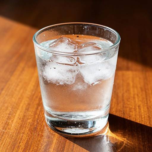 Photograph of a clear glass filled with ice water, sitting on a wooden table, bathed in bright sunlight.