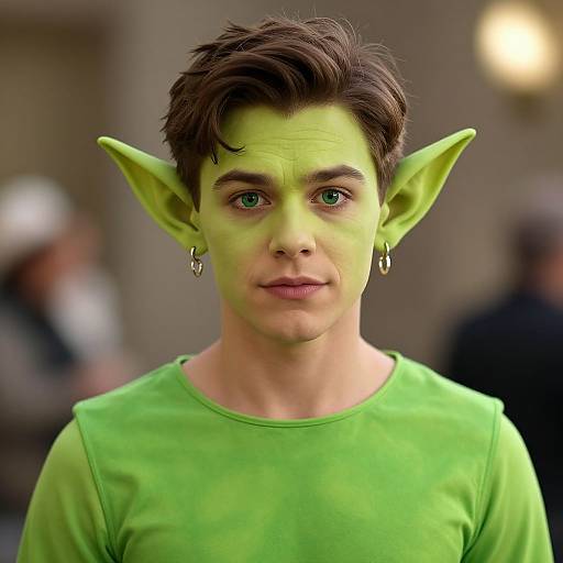 Photograph of a young man with green face paint, large pointy ears, brown hair, green eyes, wearing a green shirt, gold earrings,