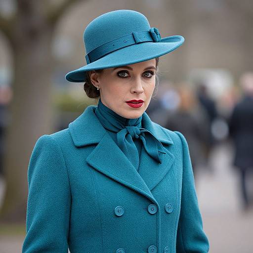 Photograph of a fair-skinned woman with red lipstick, wearing a teal coat and matching hat, standing outdoors in a blurred urban park.
