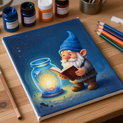 Photograph of a colorful, detailed painting of a gnomish figure reading by a glowing blue lantern on a wooden table, surrounded by art supplies and