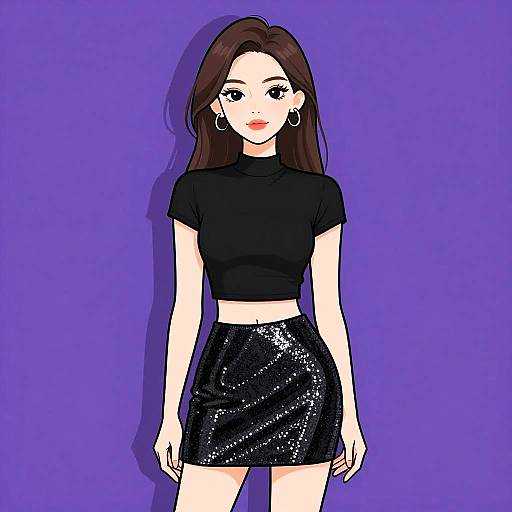 Digital drawing of a young woman with long brown hair, wearing a black crop top and sequined black skirt, against a solid purple background.