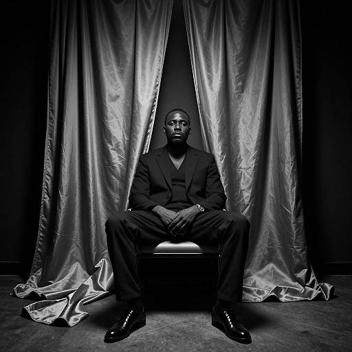 Black-and-white photograph of a serious, seated Black man in a dark suit, black shirt, and polished shoes, centered against shiny, draped curtains,