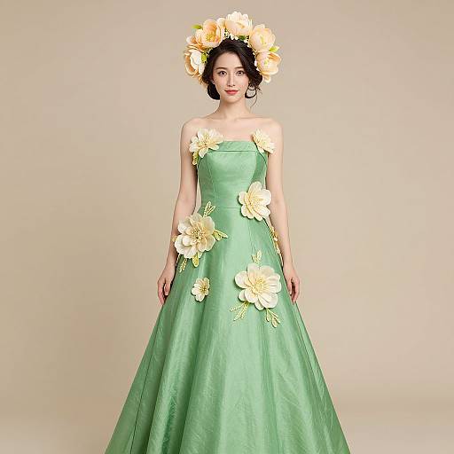Photograph of a fair-skinned woman in a strapless, green, floral-embellished ball gown, wearing a yellow flower crown, standing