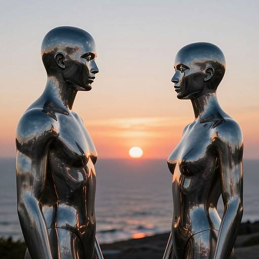 Photograph of two reflective, metallic, bald human statues facing each other at sunset over the ocean, with the sun low in the sky.