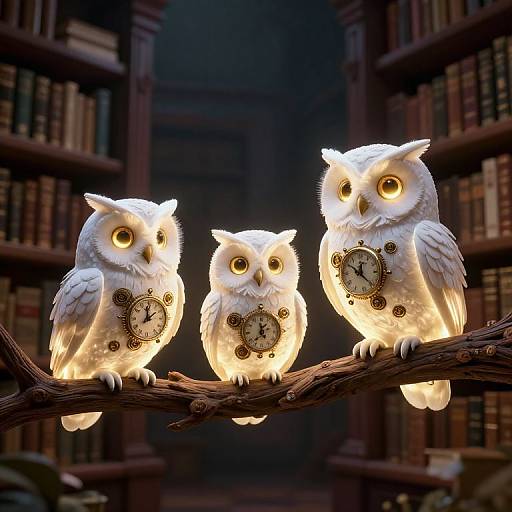 Clockwork Owls in Enchanted Library
