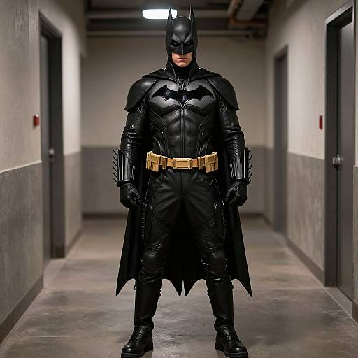 Photograph of a muscular Batman standing in a dimly lit, narrow hallway with gray walls and concrete floor, wearing black leather suit, gold belt,