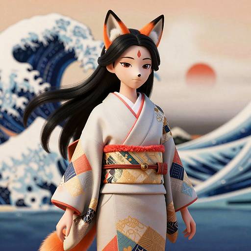 Kitsune in Surreal Lacquered Kimono