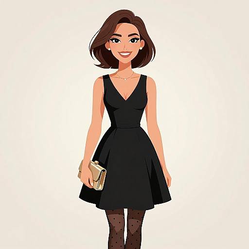 Digital illustration of a smiling woman with short brown hair, wearing a black sleeveless dress, black polka dot tights, and holding a gold clutch