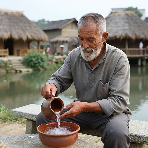 An elderly man with a gray beard pours water from a clay pot into a bowl, sitting by a tranquil pond, with rustic thatched huts in