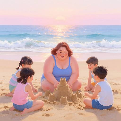 Happy Beach Scene with Obese Woman