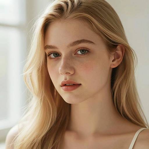 Photograph of a young, fair-skinned woman with long, blonde hair, blue eyes, and light pink lips, wearing a white top, softly