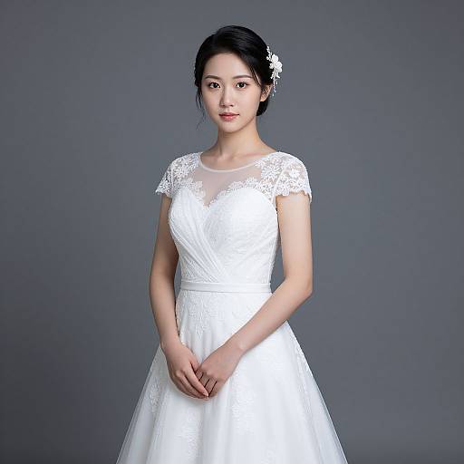 Photograph of an Asian woman in a white lace wedding dress with short sleeves, floral hair accessory, standing against a gray background.